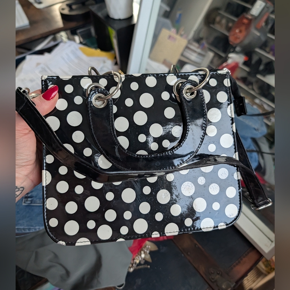 Vintage 50s Black & White Polka Dot Vinyl Top Handle Purse - Picture 2 of 5